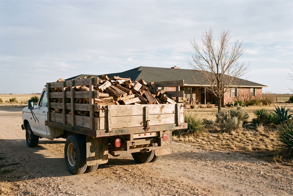 A flatbed truck loaded with split firewood parked on a caliche driveway outside a brick Lubbock home