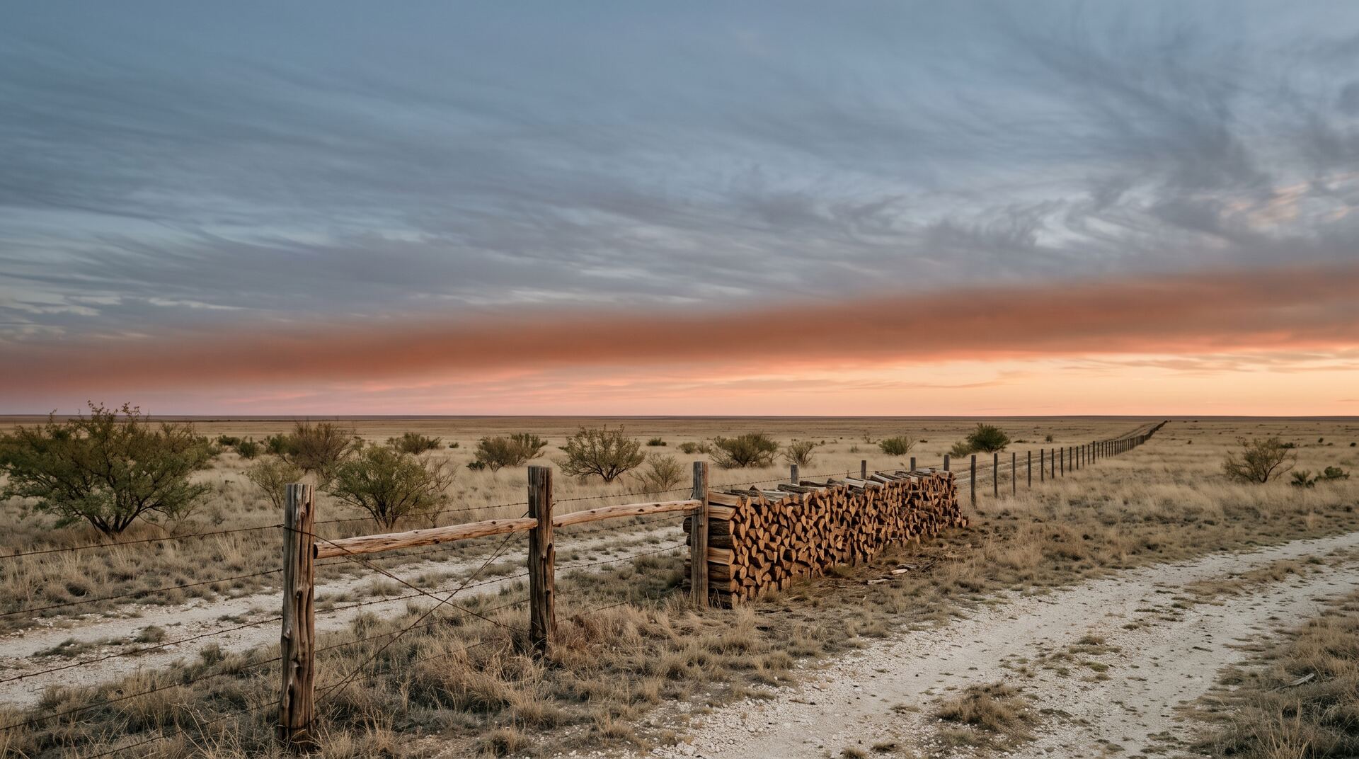A rick of split firewood stacked along a cedar-post barbed-wire fence line on the flat West Texas plains at sunset