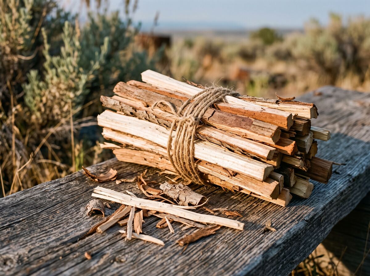 A bundle of dry split kindling tied with jute twine resting on a weathered cedar plank