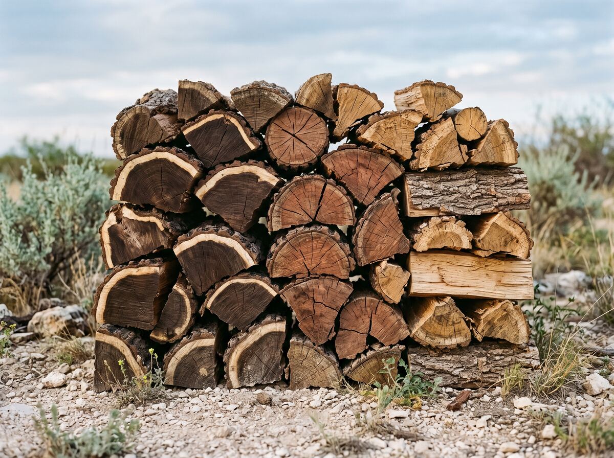 A tight stack of mixed split hardwood firewood with the end grain facing out, on caliche gravel