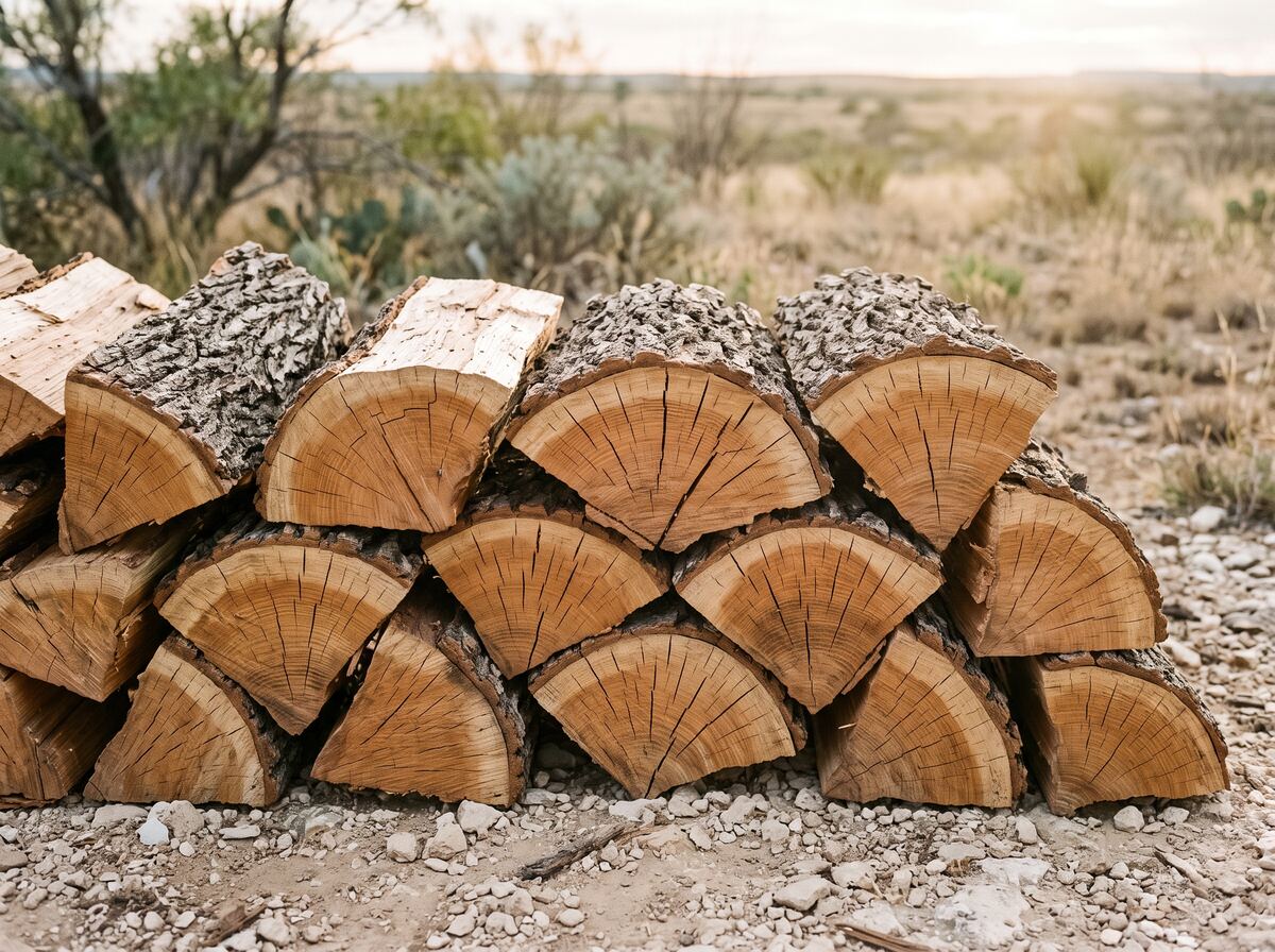 Close-up of seasoned split oak firewood showing pale radial seasoning cracks in the end grain